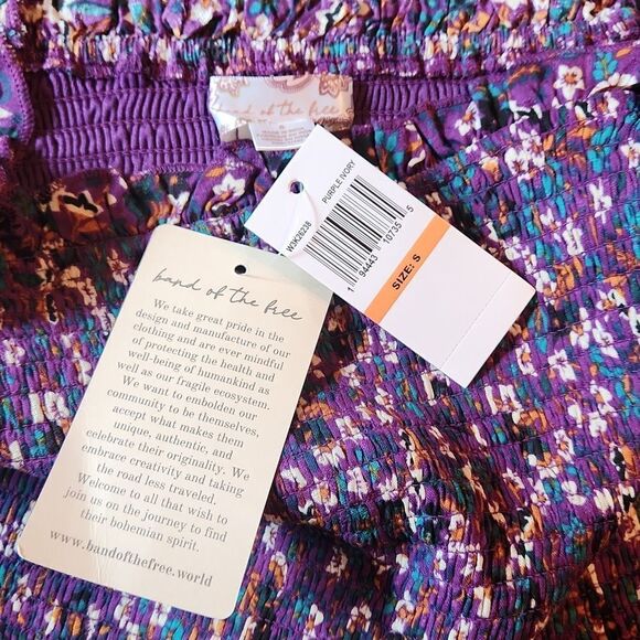 Band of the Free Floral Smocked Long Sleeve Crop Top Small Purple & Ivory - Picture 7 of 10